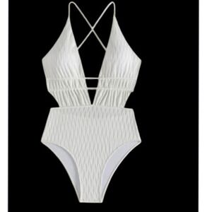 White One‎ Piece Swimsuit Cut Out Criss Cross Backless Size S
